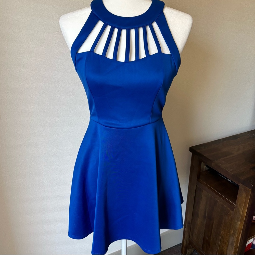 Trixxi Royal Blue Cutout Halter Fit Flare Skater Dress